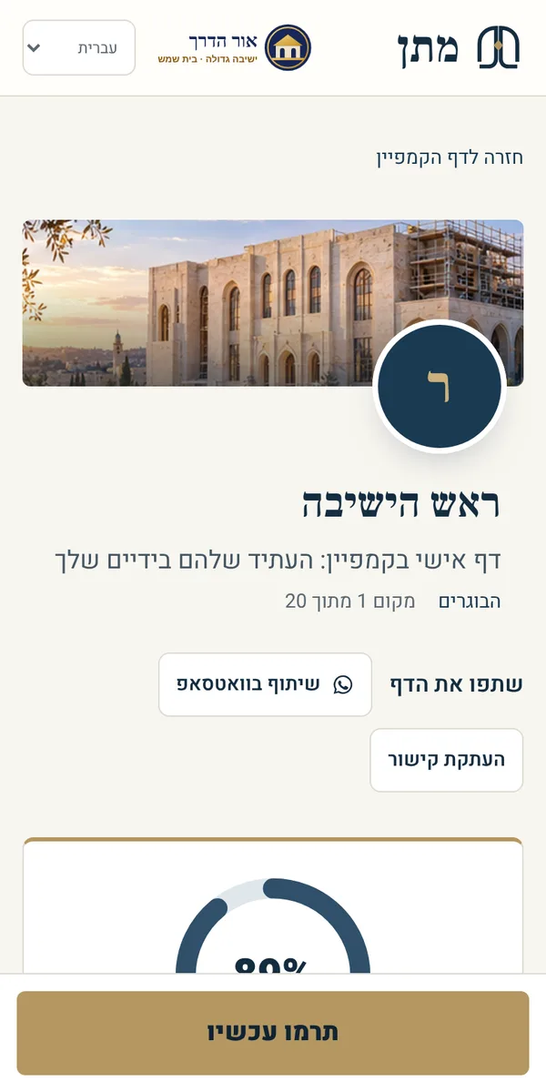 דף אישי של מתרים עם התקדמות ותורמים